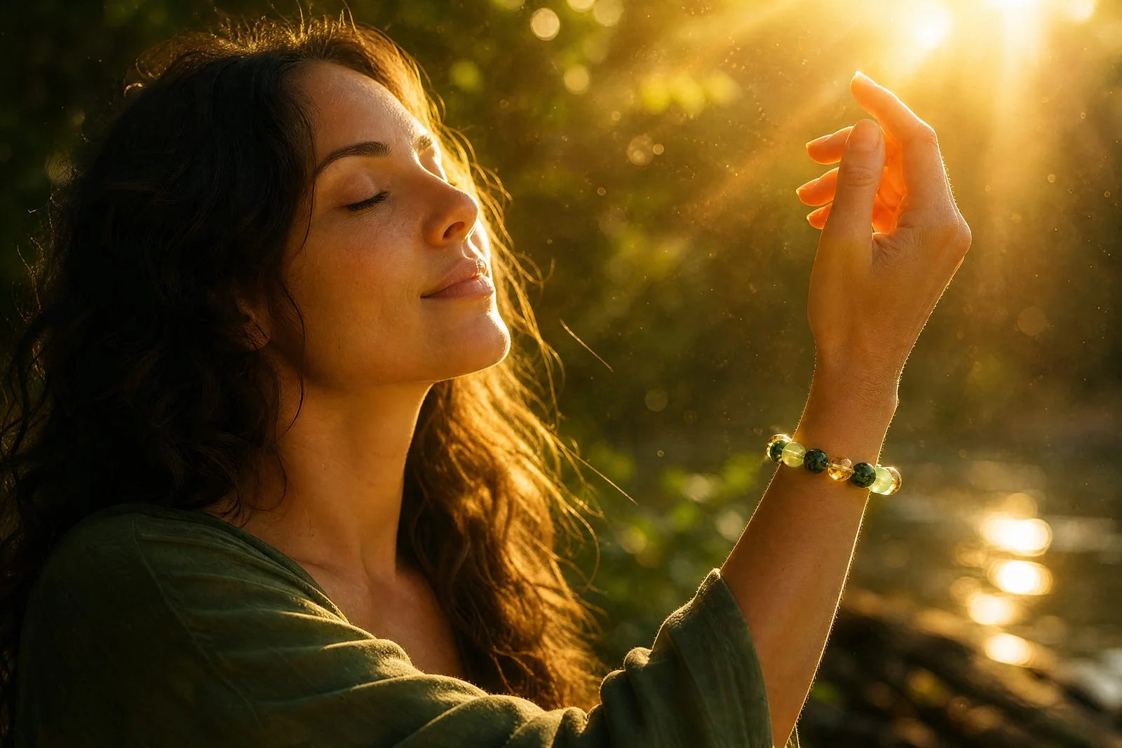 A woman lifting her wrist into golden light