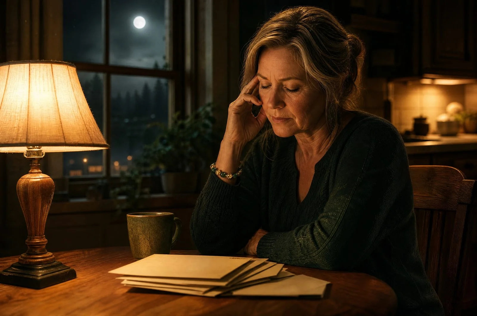 A woman at her kitchen table at night